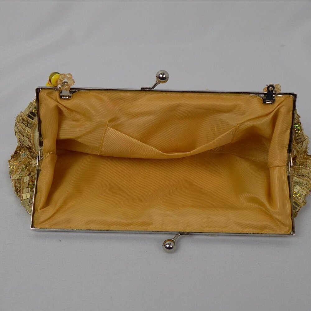 Gold Colored Sequin Clutch Purse Bag Beaded Handle Kissing Clasp Lined Strap - Picture 6 of 8